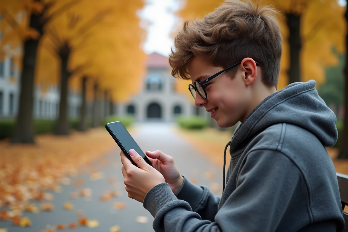 Adolescent lisant des webtoons sur smartphone dans un parc