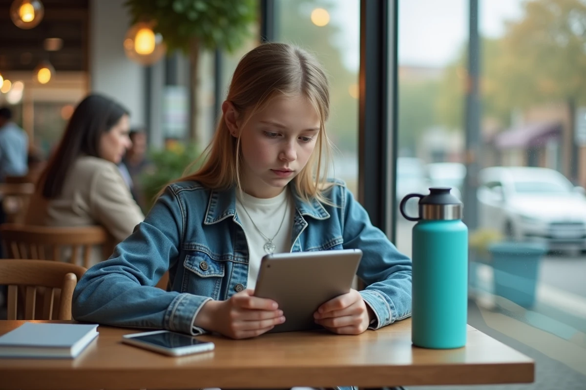 Adolescente regardant une tablette dans un café urbain