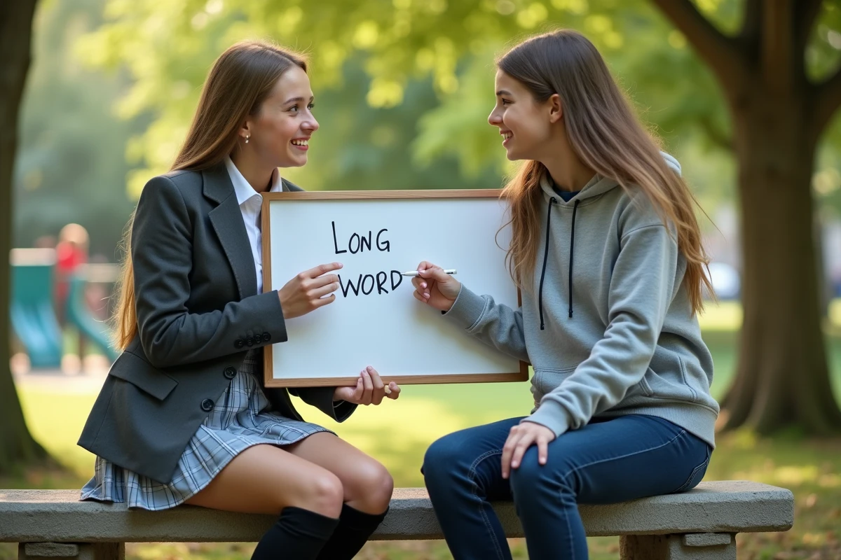 Jeune fille en uniforme scolaire écrivant un mot long en extérieur