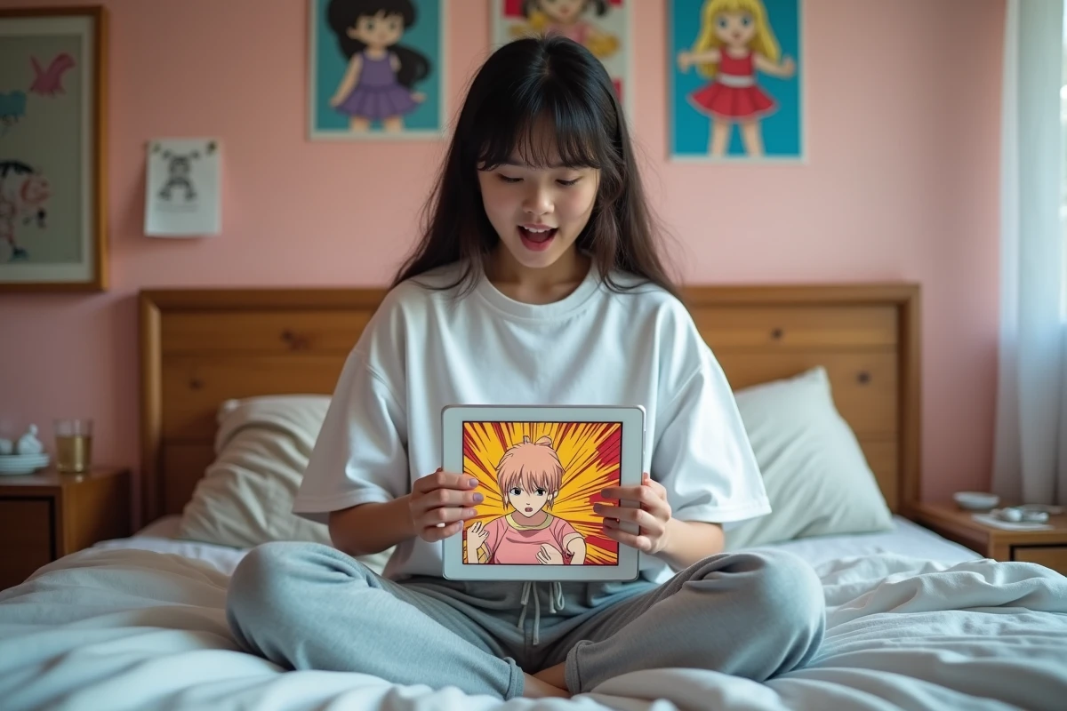 Adolescente lisant le scan One Piece 1149 sur une tablette installée confortablement dans sa chambre décorée d'affiches manga