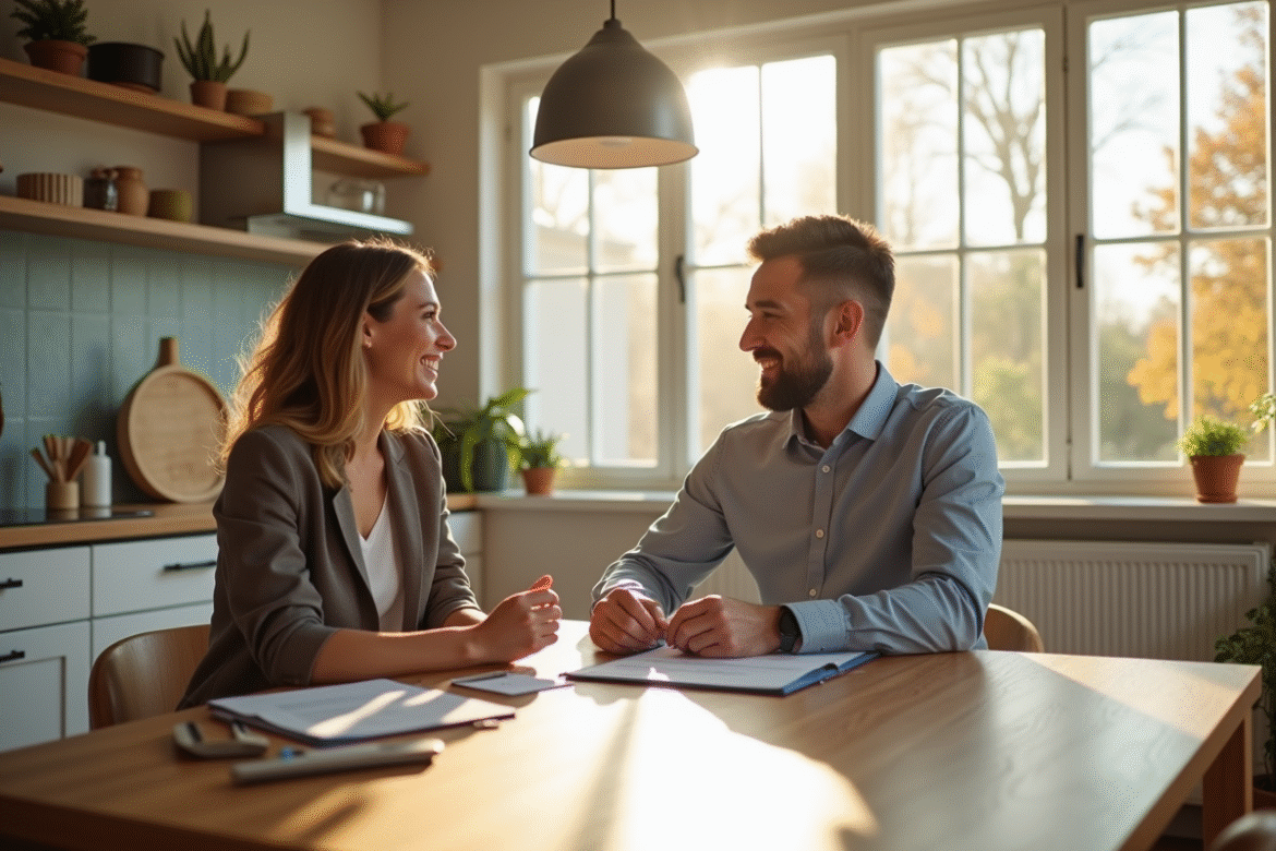 Agent immobilier et propriétaire discutent à une table en cuisine lumineuse