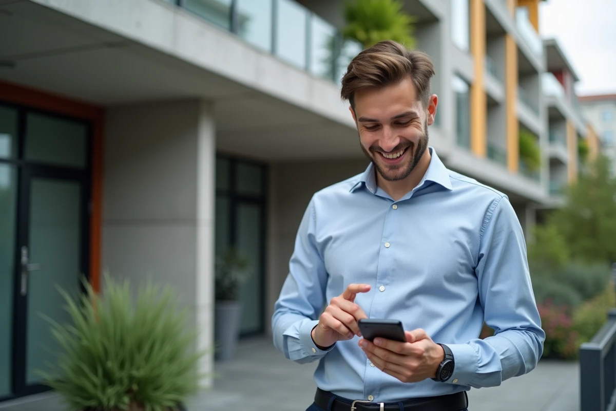 Jeune agent immobilier devant immeuble moderne avec smartphone