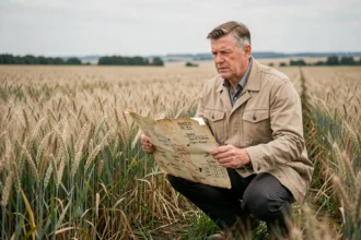 Agronome sur le terrain mesurant la surface d'un champ agricole en hectares et kilomètres carrés