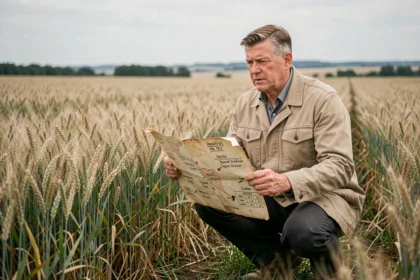 Agronome sur le terrain mesurant la surface d'un champ agricole en hectares et kilomètres carrés