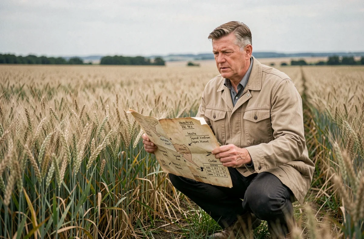 Agronome sur le terrain mesurant la surface d'un champ agricole en hectares et kilomètres carrés