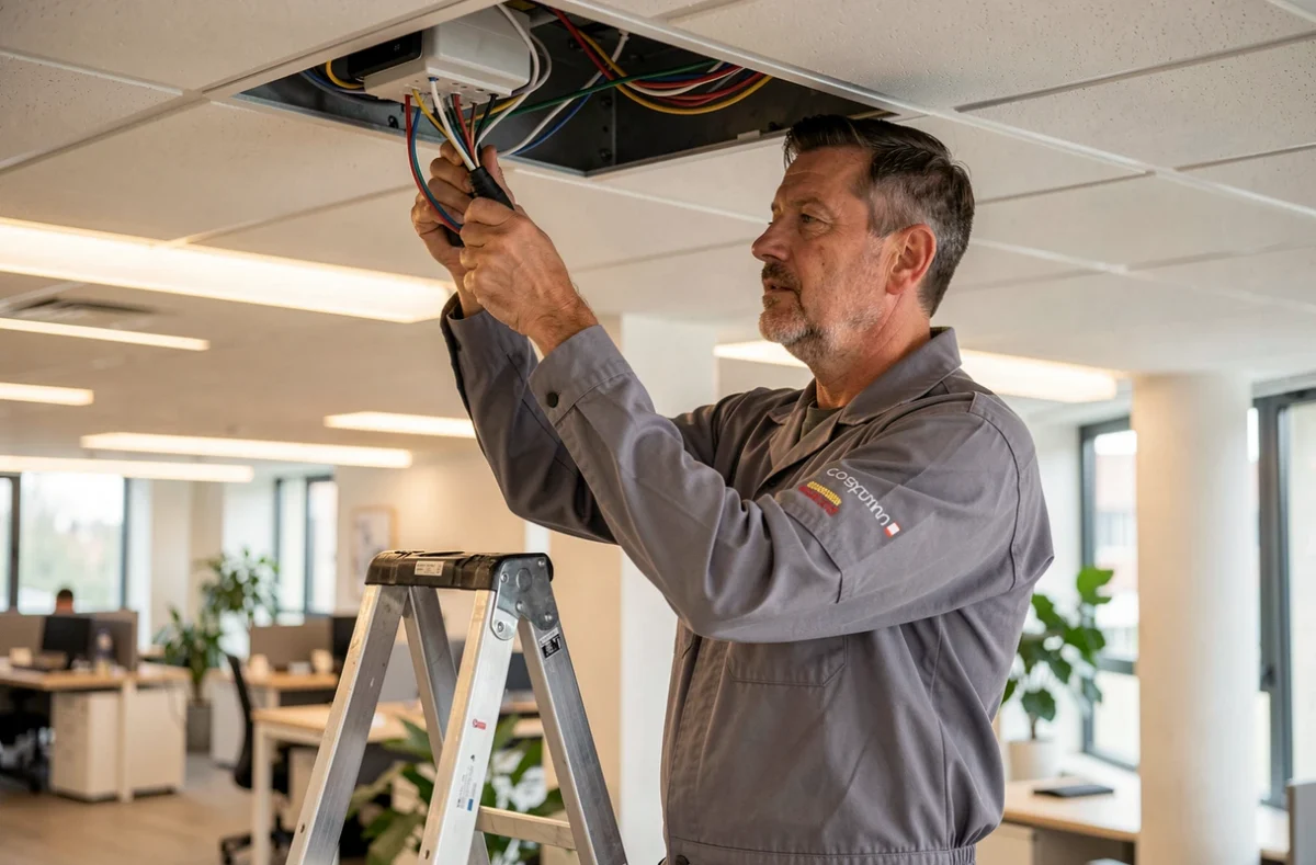 Électricien d'Ameco réalisant une installation électrique dans un bureau moderne à Lyon