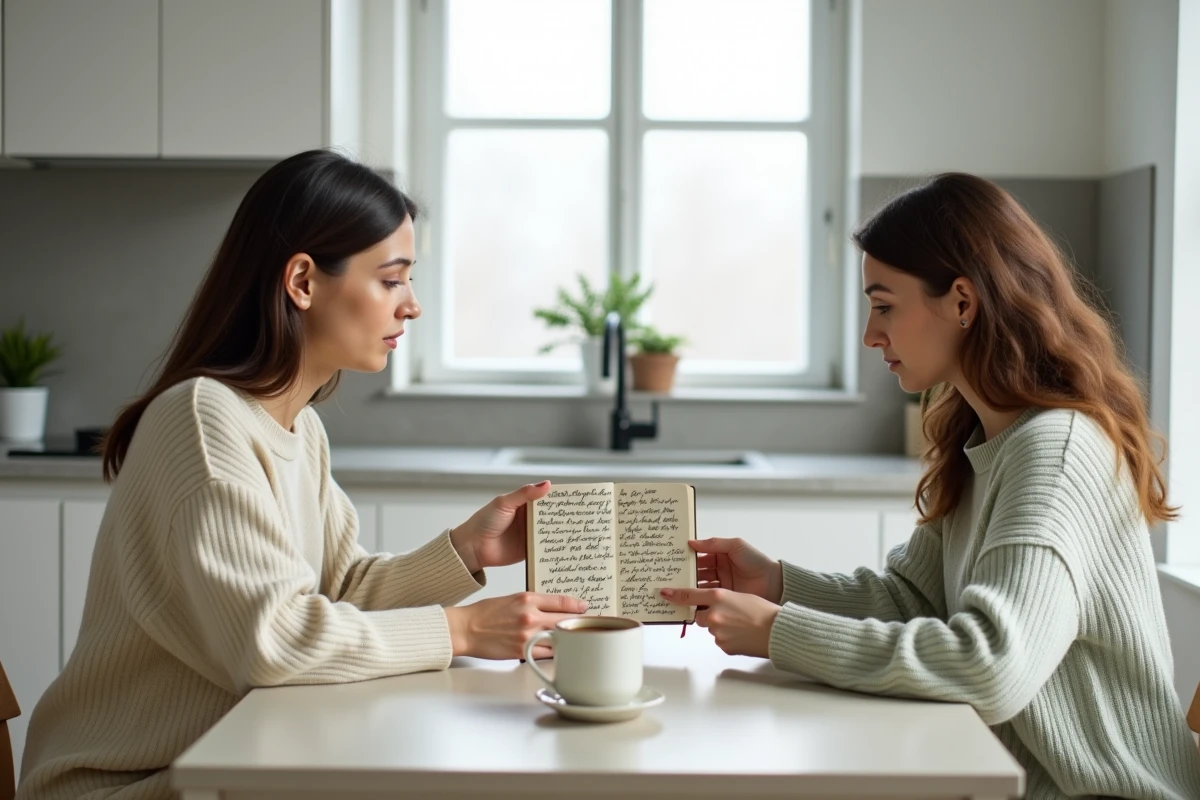 Deux amies partageant des citations inspirantes pour se reconstruire après une trahison, autour d'un carnet écrit à la main