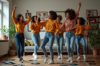 Groupe d'amis dansant dans un salon moderne et convivial