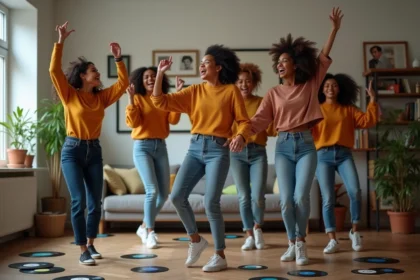 Groupe d'amis dansant dans un salon moderne et convivial