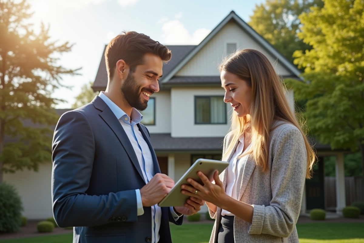 Agent immobilier présente une analyse de marché devant une maison