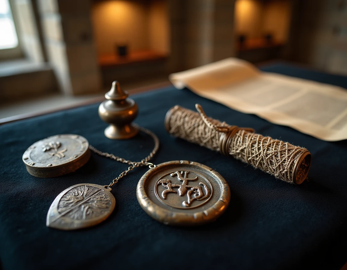 Collection d'artefacts médiévaux templiers incluant matrice de sceau en fer, ampulle de pèlerin et fragment de cotte de mailles sur velours sombre
