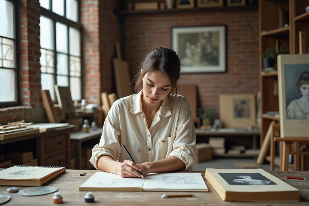 Jeune artiste étudiant des reproductions de peintures célèbres dans un atelier entouré de livres d'histoire de l'art