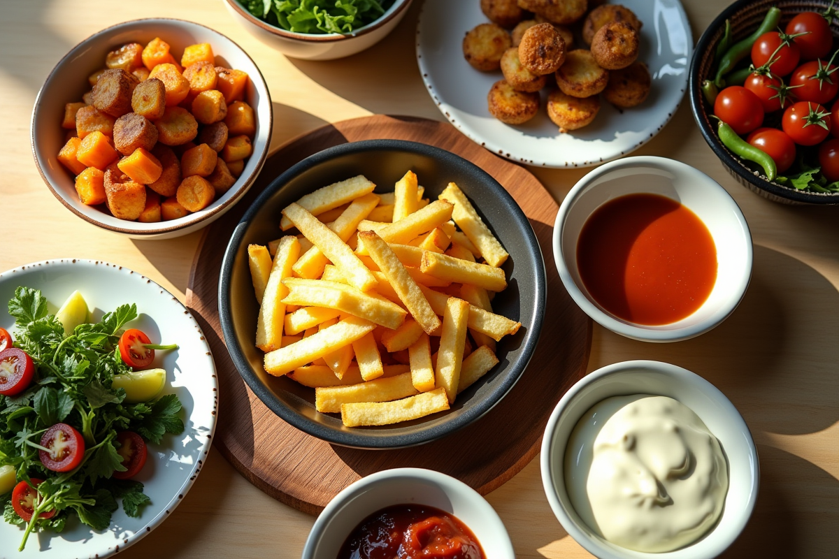 Assiette de garnitures pour pierrade avec frites et légumes