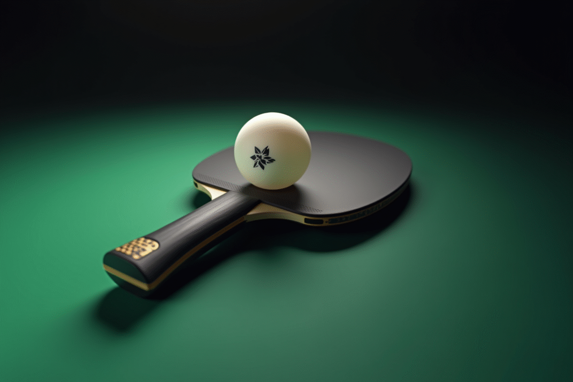 Premier plan d'une balle pingpong 5star sur une raquette professionnelle