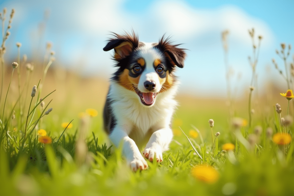 Chiot berger australien courant dans une prairie verte ensoleillee