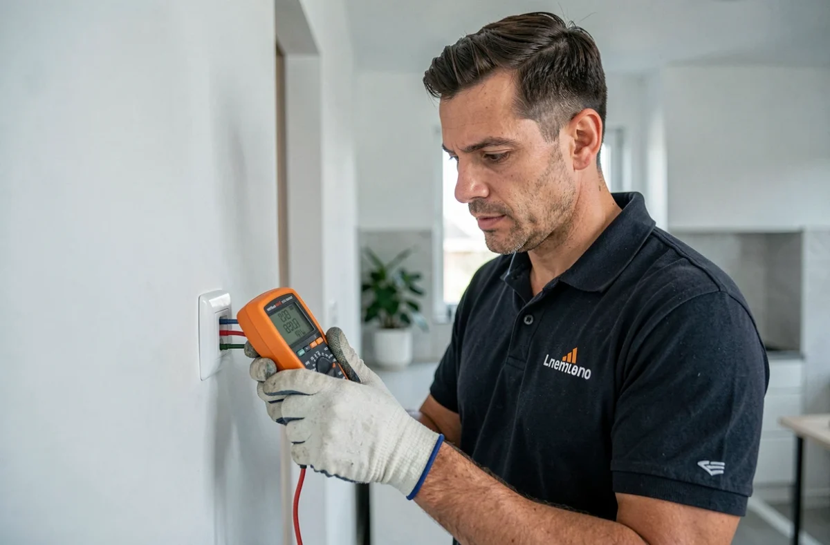 Technicien de BNK ELEC testant une prise électrique dans un appartement rénové à Lyon