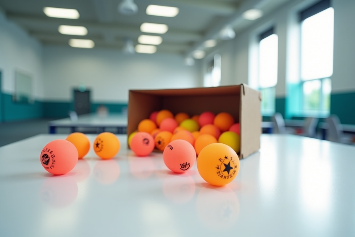 Boîte ouverte de balles pingpong 5star avec logo vif dans un gymnase lumineux