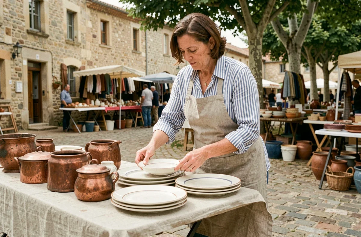 Brocanteuse arrangeant de la vaisselle ancienne et des ustensiles en cuivre sur son étal lors d'un vide-grenier en Lot-et-Garonne