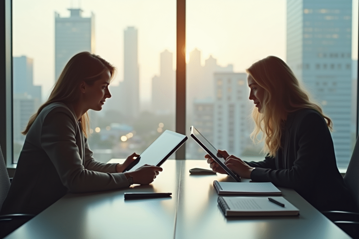 Deux personnes au bureau moderne avec tablettes et carnet