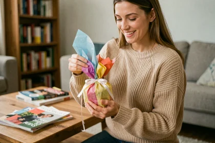 Femme souriante tenant un petit cadeau de 5 euros emballé avec soin dans un salon cosy