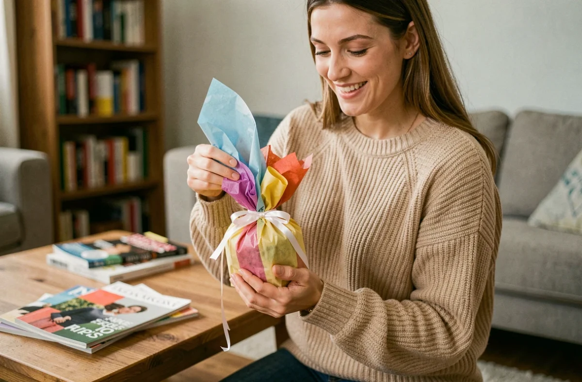 Femme souriante tenant un petit cadeau de 5 euros emballé avec soin dans un salon cosy
