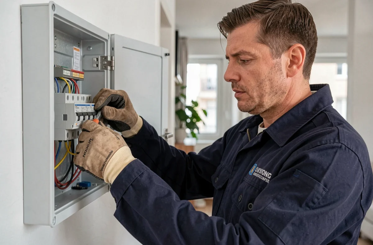 Électricien de l'entreprise CADIERGUES E.I. câblant un tableau électrique dans un appartement lyonnais