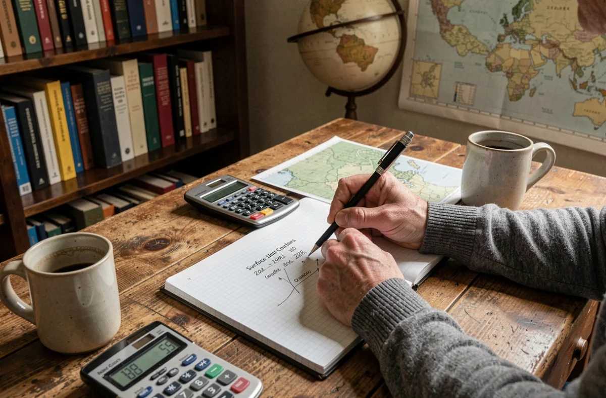 Mains d'un géographe calculant des conversions de surface en hectares et kilomètres carrés sur un carnet
