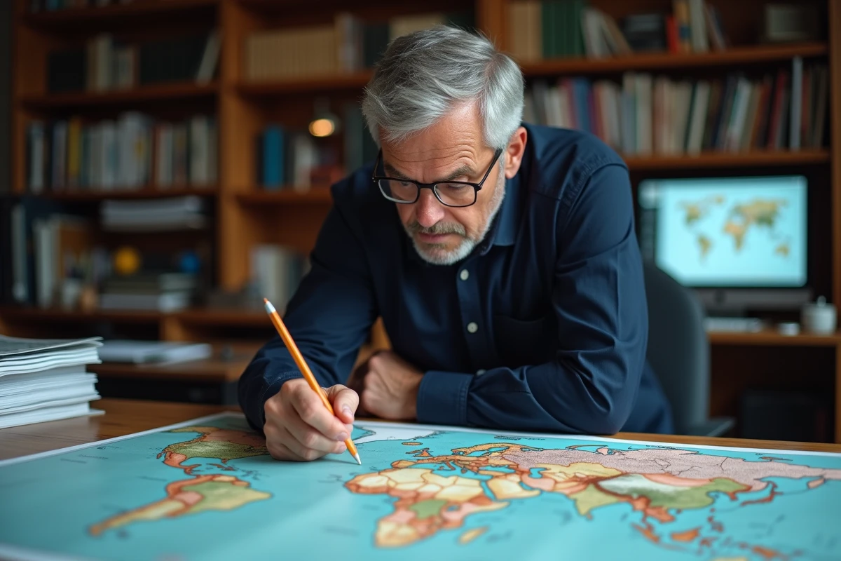 Cartographe masculin dans la quarantaine examinant une carte du monde détaillée dans un bureau de recherche, évoquant l'analyse du classement démographique mondial