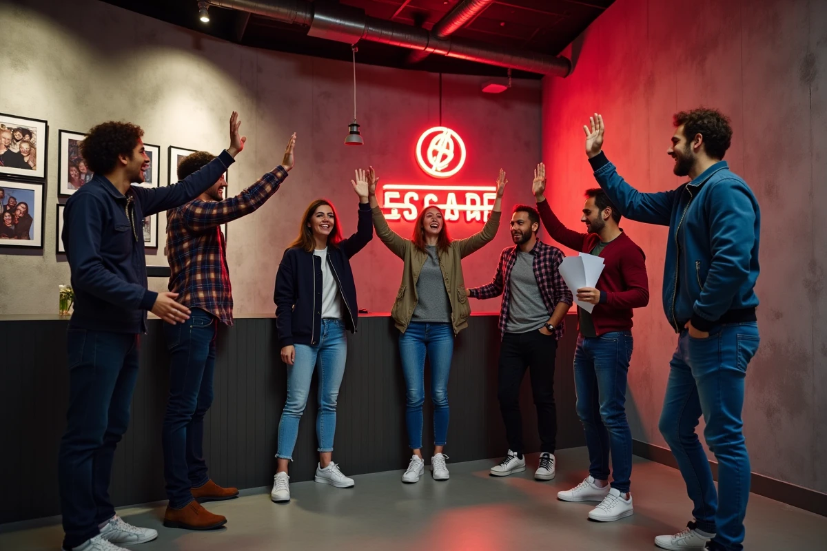 Groupe d'amis célébrant leur victoire à la sortie d'un escape game à Lyon
