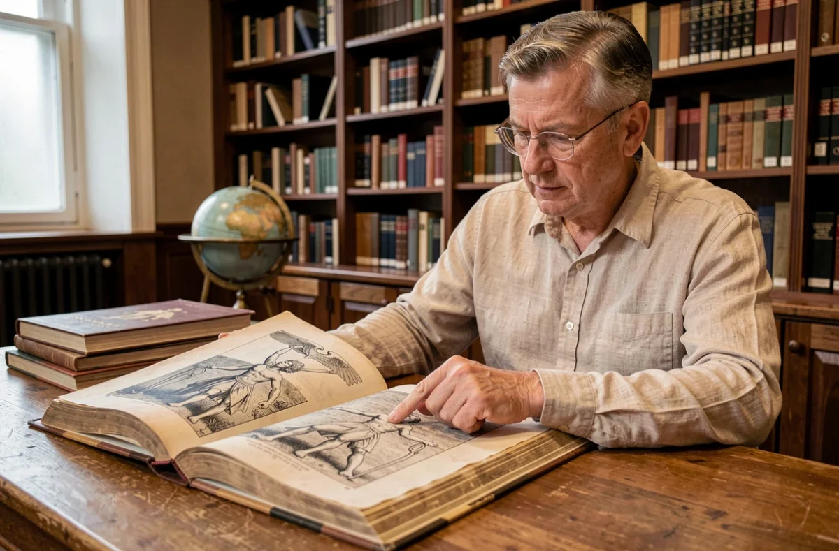 Chercheur étudiant un livre de mythologie grecque illustré avec une gravure d'Hermès dans une bibliothèque universitaire