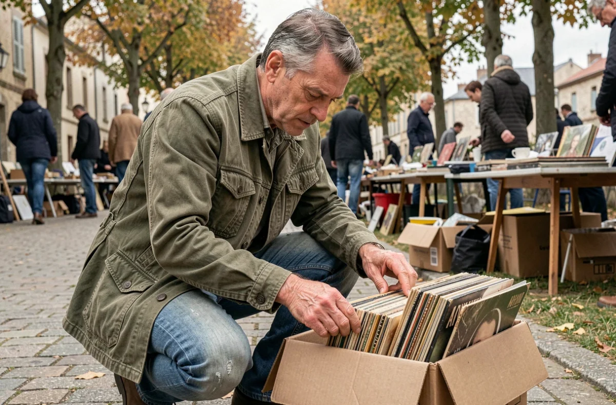 Chineur inspectant des disques vinyles anciens dans un carton lors d'un vide-grenier en plein air en Lot-et-Garonne