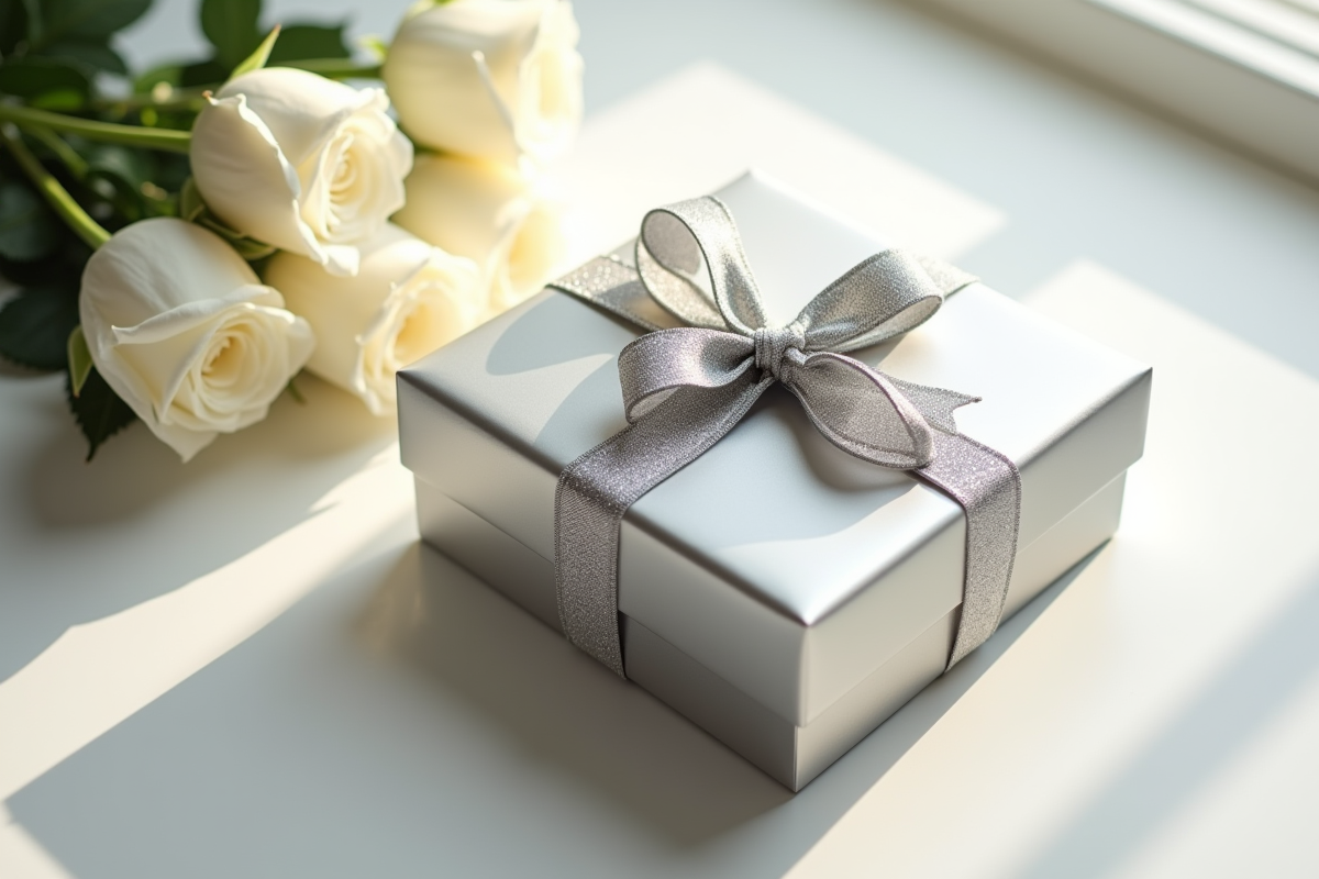 Coffret anniversaire argent avec roses blanches et lumière naturelle