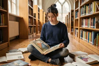 Collégienne lisant un livre illustré de Cendrillon dans une bibliothèque scolaire en bois
