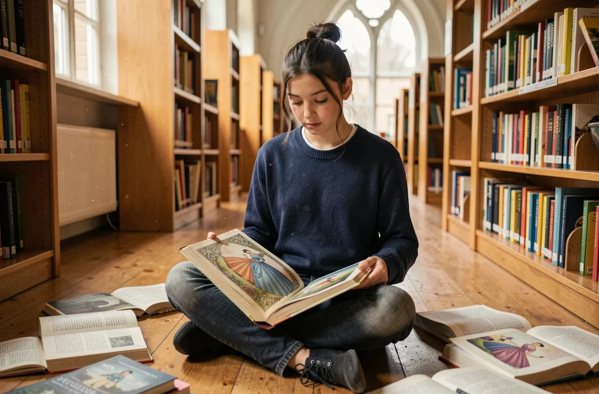 Collégienne lisant un livre illustré de Cendrillon dans une bibliothèque scolaire en bois