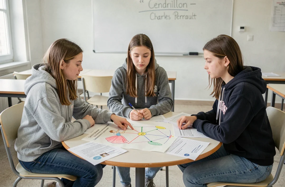 Trois collégiens analysant le conte de Cendrillon de Perrault autour d'une table en classe