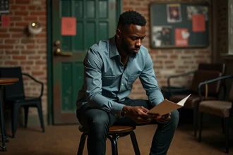 Comédien noir en backstage avec papier en main