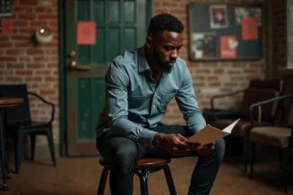 Comédien noir en backstage avec papier en main