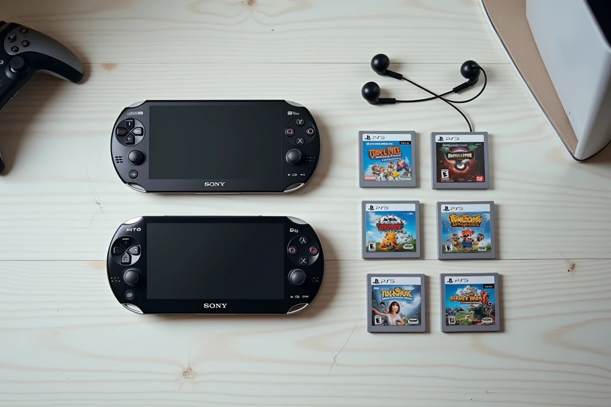 Vue à plat d'une PSP et PS Vita Sony posées sur un bureau en bois avec des jeux et une manette PS5, comparaison de consoles