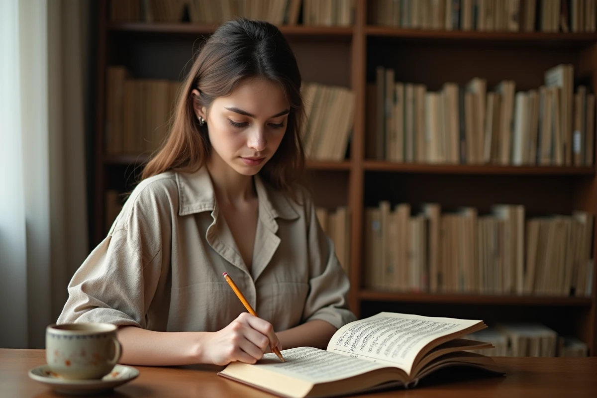 Jeune femme comparant la traduction française et arabe de la Sourate Al Mulk sur un bureau de bibliothèque