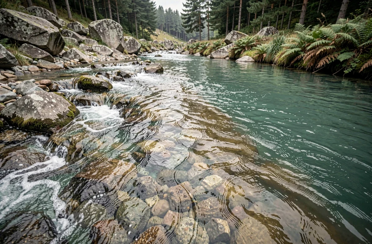 Confluence entre une rivière rapide aux eaux claires et un fleuve large aux eaux profondes en France, illustrant visuellement la différence entre rivière et fleuve