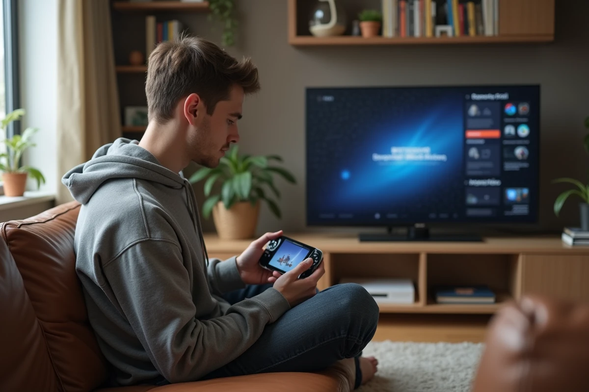 Jeune homme jouant sur une console portable Sony dans un salon moderne, comparaison avec la PS5 en arrière-plan