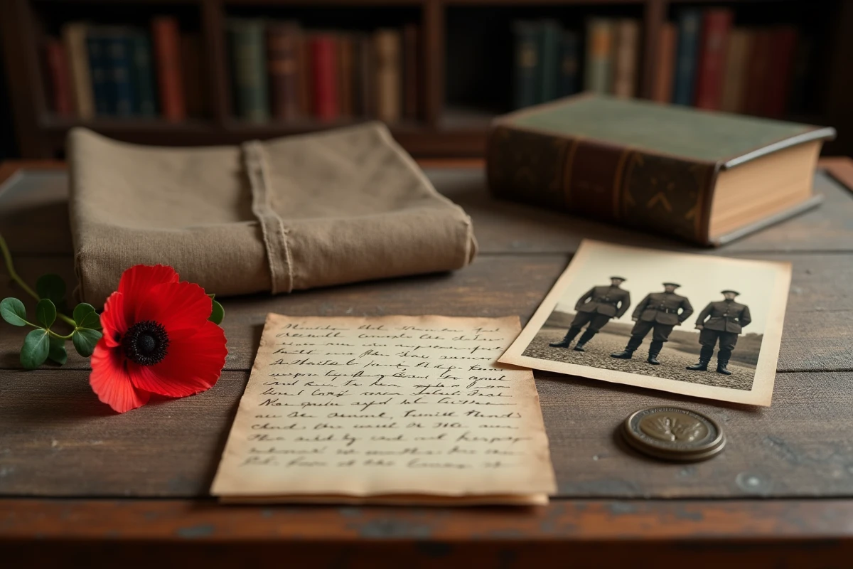 Coquelicot rouge posé sur une photo ancienne de soldats de la Première Guerre mondiale et une médaille militaire