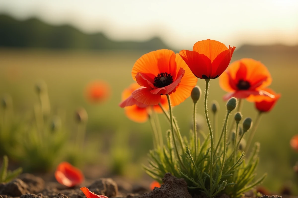 Coquelicots rouges sauvages dans un champ, symbole du souvenir des soldats tombés au combat