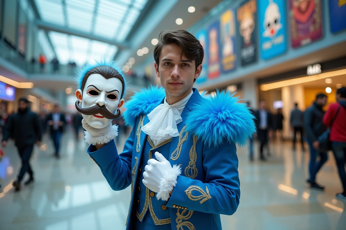 Jeune homme en cosplay de Mr Two avec costume bleu et masque