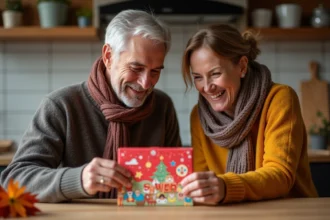 Couple souriant ouvrant un calendrier de l'Avent dans la cuisine
