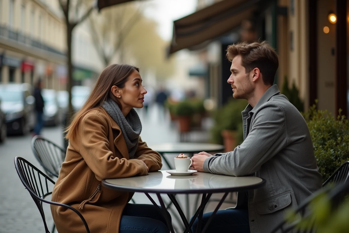 Couple à une terrasse de café avec une tension émotionnelle visible, illustrant les signaux contradictoires dans une relation amoureuse