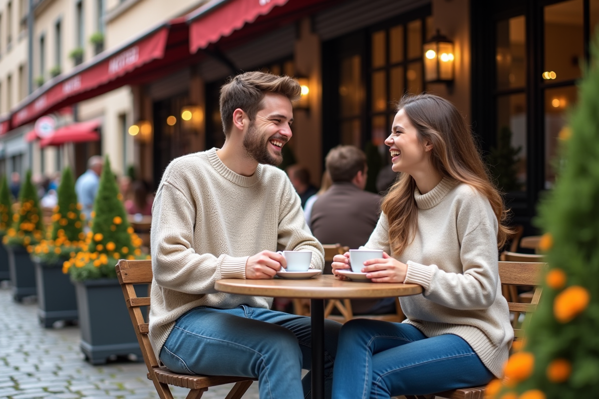 Jeune couple riant au café devant un hôtel de Strasbourg