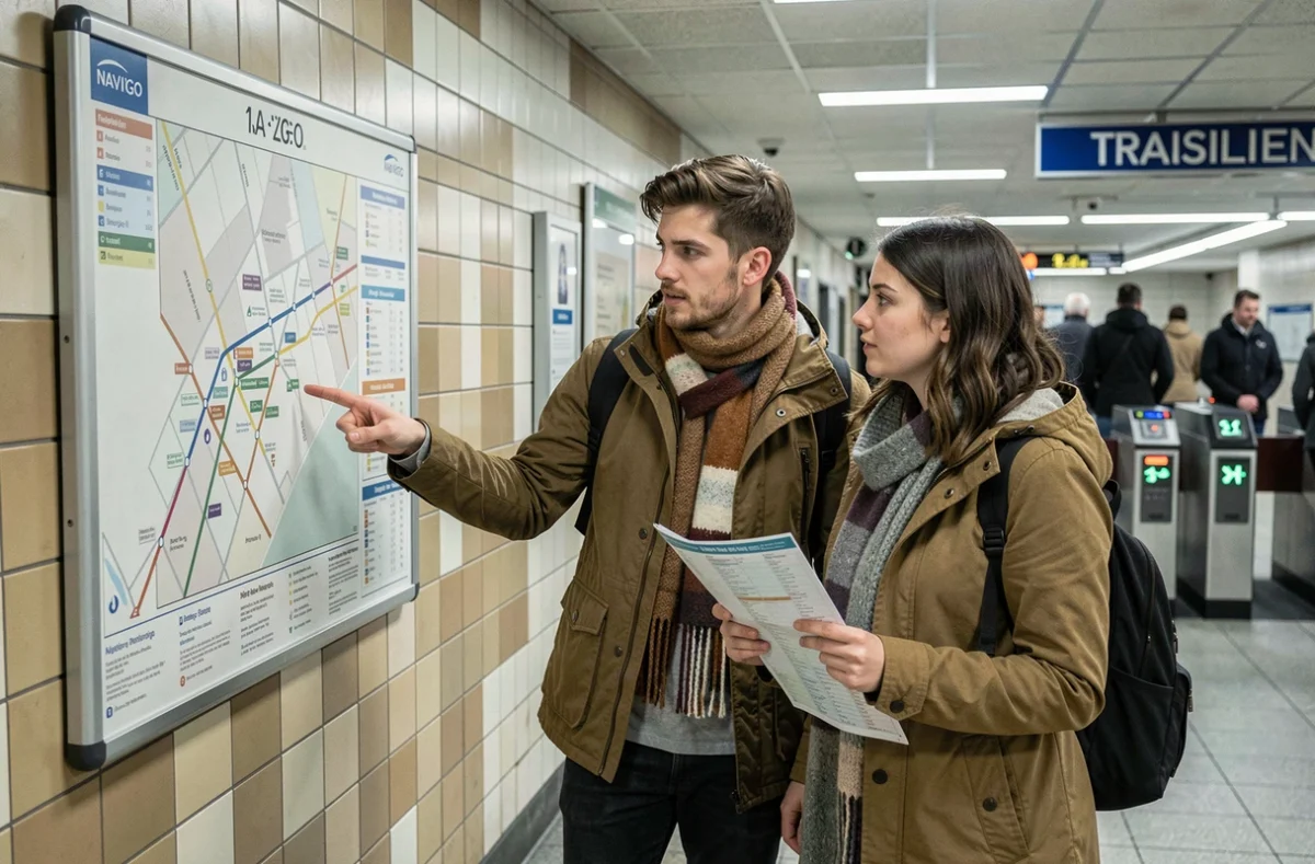 Couple de jeunes adultes étudiant une carte des zones Navigo dans une gare Transilien de banlieue parisienne