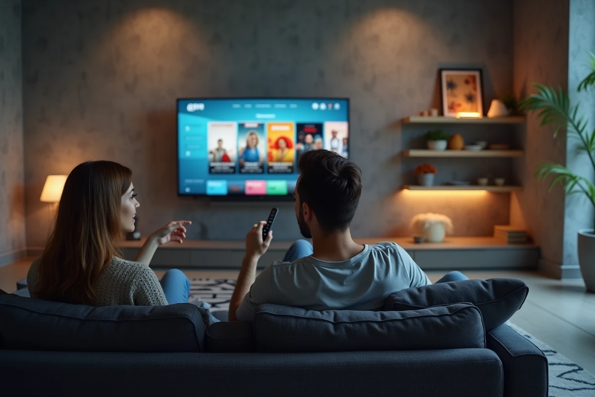 Couple cherchant des alternatives légales sur une plateforme de streaming pour regarder des films après l'indisponibilité d'un lien