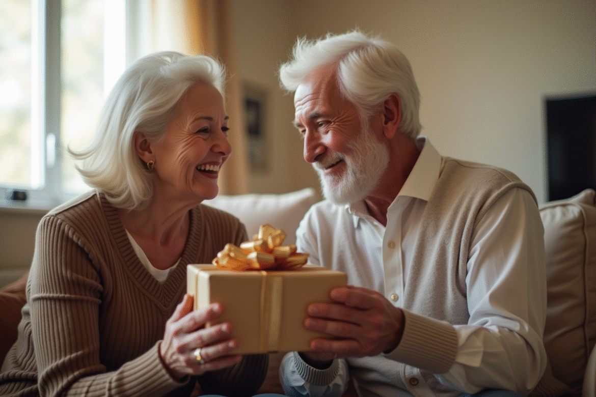 Couple âgé échangeant un cadeau dans un salon lumineux